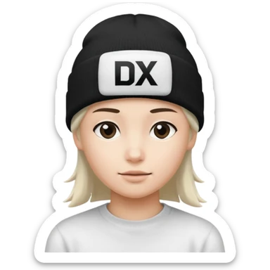 wearing a white beanie with an black square logo with the word "DX" written on it.

 sticker