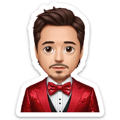 Robert Downey Jr with dark brown hair, red sequin suit with bow tie sticker