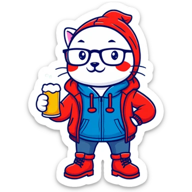 Catfish in a red winter jacket with hood, wearing round glasses, blue jeans, red boots, holding a beer can with a red label sticker
