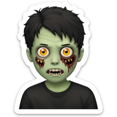 a boy with wavy hair, a zombie-shaped mouth piercing hum, and black hair with a black shirt too sticker