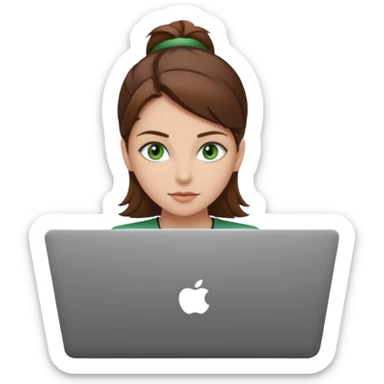 fată cu ochi verzi și păr șaten strâns în partea din spate a capului, lucrând pe un laptop sticker