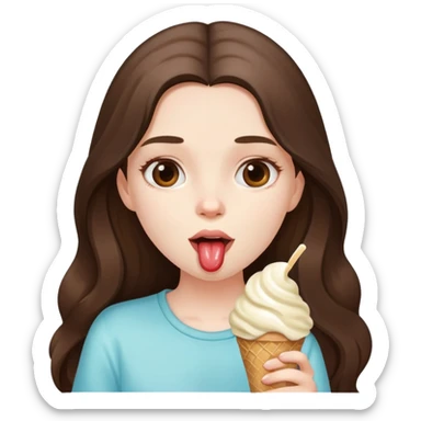 beautiful pale brunette girl with long hair eating an ice cream sticker