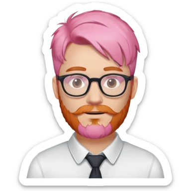 White man with pink hair and a ginger beard wearing glasses sticker
