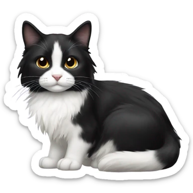 Long haired black and white tuxedo cat with black nose and black chin sticker