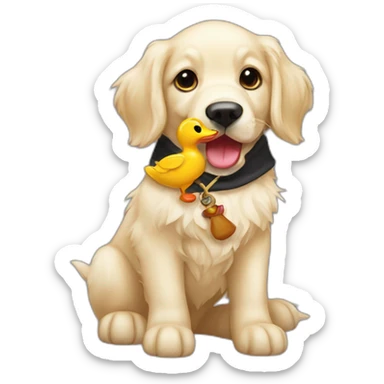 English cream golden retriever holding a pirate duck toy sticker