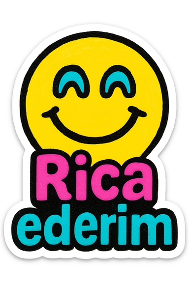 smiling face emoji with cheerful expression, colorful and vibrant style, with clear and legible text 'Rica ederim' on it sticker