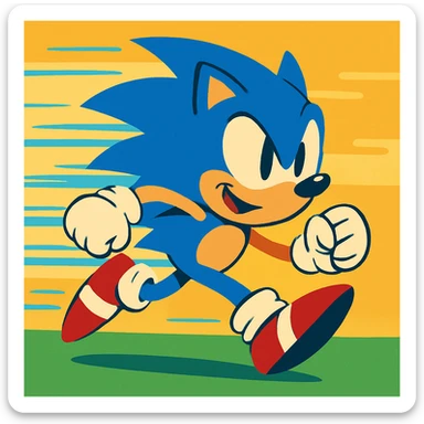 Sonic the Hedgehog, running fast, motion blur, bright blue, cartoon style sticker
