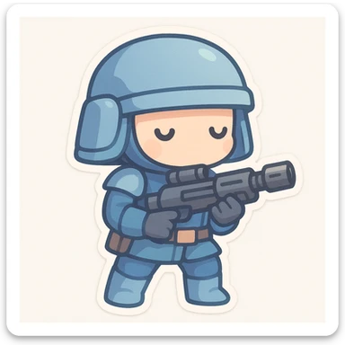 chibi sticker of a sci-fi soldier in a mostly blue uniform, holding a futuristic blaster, cute proportions, pastel colors, white background sticker