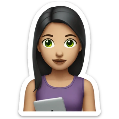 A girl with an iPad with medium-length dark hair and green eyes sticker