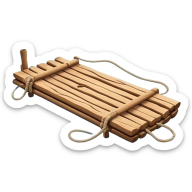 showing a simple wooden raft floating on calm blue water — made of several brown logs tied together with rope — gentle ripples around it — bright, cheerful lighting and soft shadows — minimalist, clean emoji design sticker