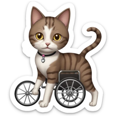 full body small short hair dark brown and white cat with hazel eyes walking in a wheelchair for cats sticker