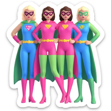 three female superheroes posing together - one wearing light blue outfit, one wearing pink outfit, and one wearing light green outfit sticker