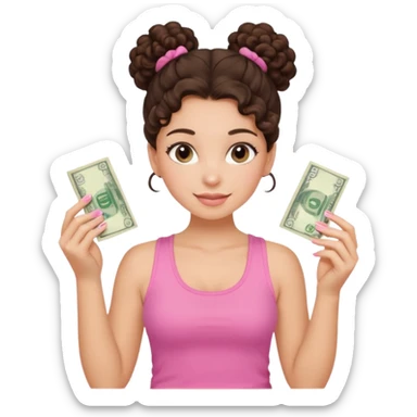 Uma menina com o cabelo cacheado com um Coque com baby hair morena, e com uma regata rosa com unha em gel,e com dinheiro na mão , sticker