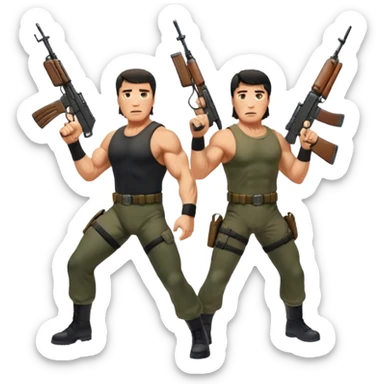 Icon for Action Movies: Schwarzenegger as John Matrix in Commando and Stallone as John Rambo in Rambo, both in iconic action poses with weapons, intense expressions, and explosive backgrounds. Powerful and dynamic with dramatic lighting. Transparent background. sticker
