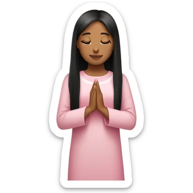 Caucasian girl with black straight hair praying with pink flora sticker