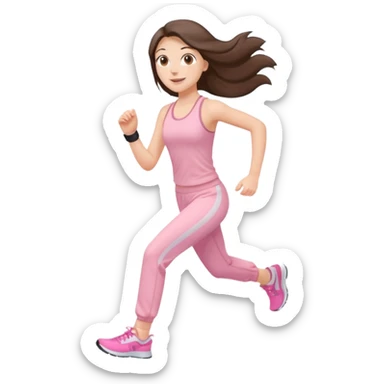 white happy brunette teen long hair with hazel eyes in light pink workout clothes jogging sticker