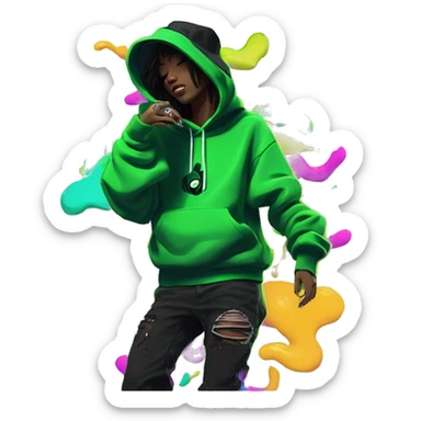 Multicoloured neon black green graffiti person smoking wearing hoodie dancing hip hop bucket hat tropical Skater fashion aesthetic baggy clothes graphic t shirt 420 sticker