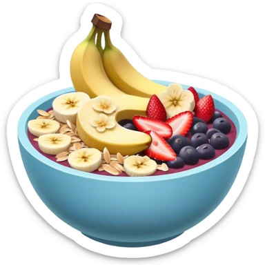 acai bowl topped with fresh cut banana strawberry toppings with shaved toasted coconut flakes in a light blue bowl sticker