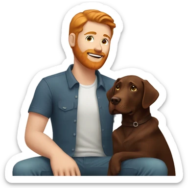 man with ginger hair and beard petting a chocolate lab sticker