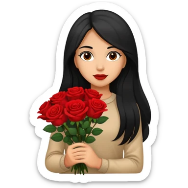 A girl with long black hair holding a bouquet of roses sticker