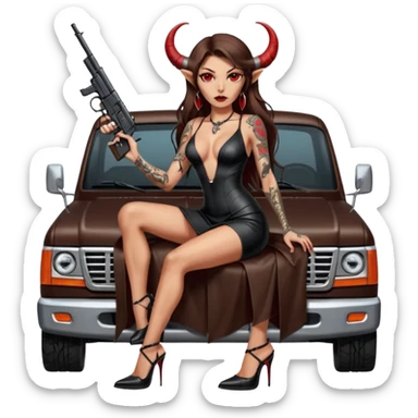 Lilith model red eye sexy black  devil horns.  long brown haired sexy succubus woman with leather long dress slit, sitting in Big Large F350 pickup truck. Black Platform high heels on feet. Tattoo sleeve arms, dead human skull of her ex skull is on top of stack of cash and a gun in  hand sticker