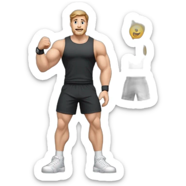 Full height Actively gesturing with hands Pale skinned fit man With the biceps and brown hair In dark gray sleeveless mike, black oversize sports shorts, watch and white sneakers sticker