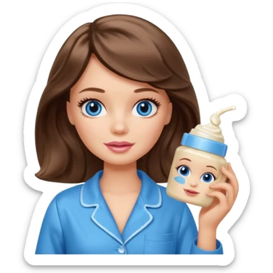 Barbie girl with makeup, blue eyes , and bob long haircut wavy, short brown hair in creamy color pajamas, face cream in hand sticker