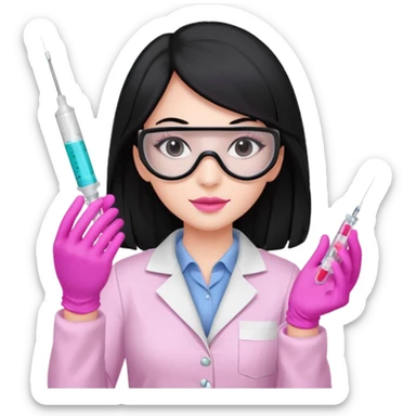 laboratorista con guantes rosa y mascarilla rosa  jeringa tubo laboratorio sin lentes  y  ojos negros cabello largo negro ojos negros sticker