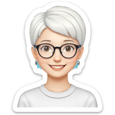 smiling girl with glasses indoors cropped pixie white hair  sticker