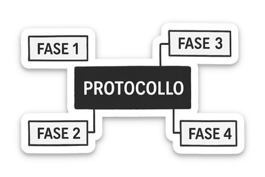 fai uno schemino scritto in bianco con la scritta al centro "PROTOCOLLO" E INTORNO METTI DELLE LINEE DI COLLEGAMENTO CON "FASE 1" "FASE 2" "FASE 3" "FASE 4", DEVE FAR CAPIRE CHE IL PROTOCOLLO SI SUDDIVIDE IN 3 FASI sticker