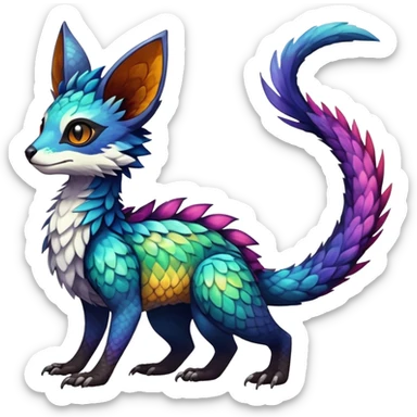Rare realistic exotic edgy epic pretty beautiful handsome gorgeous aesthetic colorful vibrant Vernid-Trico-species-Fakemon-creature by LiLaiRa, 4 legs, 1 tail, random markings, (full body) sticker