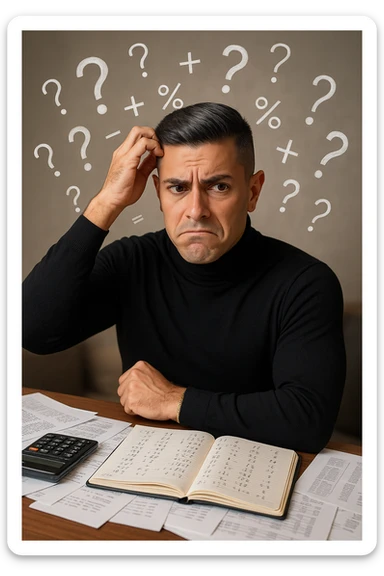 a man sits at a desk cluttered with papers, a calculator, and a notebook filled with numbers and equations. He scratches his head, eyebrows furrowed in confusion, while mathematical symbols and question marks float around his head. The background is softly blurred, emphasizing his puzzled expression. sticker