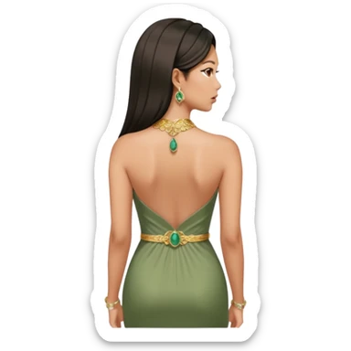 Aesthetic rich Asian woman in sage green Versace dress and Cartier jewelleries, back view sticker