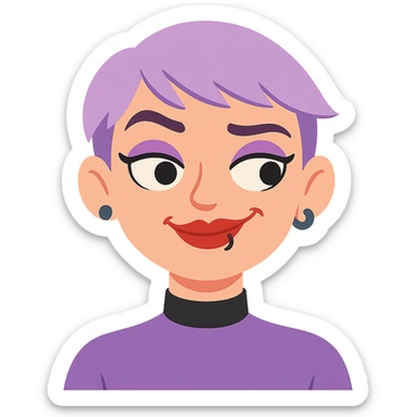 Make her raise her eyebrows and smirk, keeping the same style, pastel purple pixie hair, black choker, red lipstick, lip ring, and fashionista vibe. Transparent background. sticker