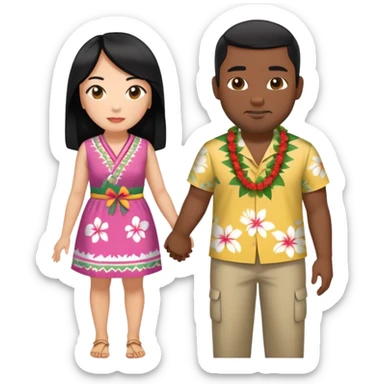 asian woman long hair with black man short hair cut holding hands with hawaiian cloths  sticker