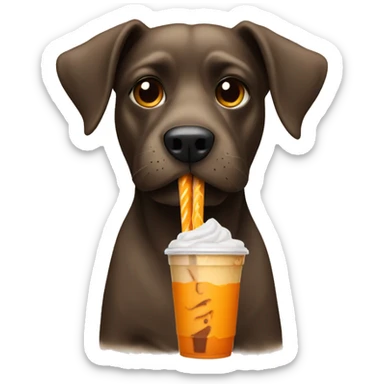 dog drinking iced coffee with orange straw sticker