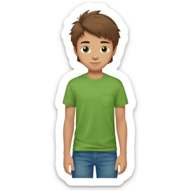 A 14 yerar old teenage boy, slightly tanned, wearing a green tshirt, blue jeans and green sneakers with brown tousled hair, smirking sticker