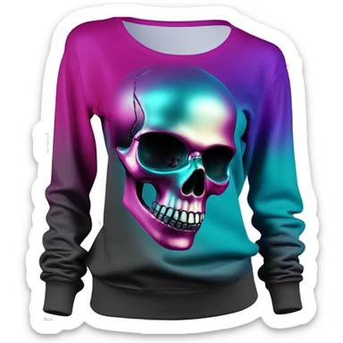 Realistic side view of a black to magenta ombre off the shoulder long sleeve sweat shirt with a metallic foil datk teal blue skull printed on the shirt. sticker