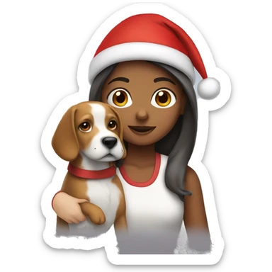 Girl waking with a dog with a Santa hat sticker