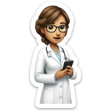 Administrator of the reproductive health office, a girl with brown hair, wearing glasses with notebooks and a phone in her hands. In a white medical gown sticker