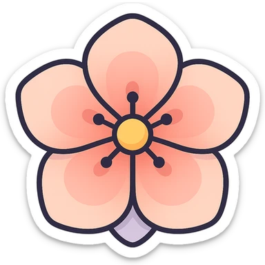 cute peach flower, strictly front view, icon-color-outlined style, volumetric, detailed petals, smooth color transitions, shadows and highlights, thin clean contours, soft rounded shapes, pastel palette #98B5BC, #B5B3C1, #C9A3C9, #E4C0CA, #F7DCD1, #F7C0AA, modern Japanese pop art and sticker aesthetics, soft lighting, transparent background sticker