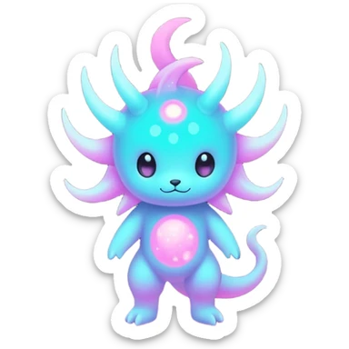 Pastel warm neon-bioluminescent-nebula-gradient anime-styled edgy cool badass cute random Fakémon-creature, with random markings, full body sticker