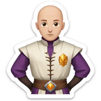 man body worn by a DnD themed fantasy character. clothes only above the waist. The body full waist. The character's haven't arms. character is bald hair brown eyes white man. sticker
