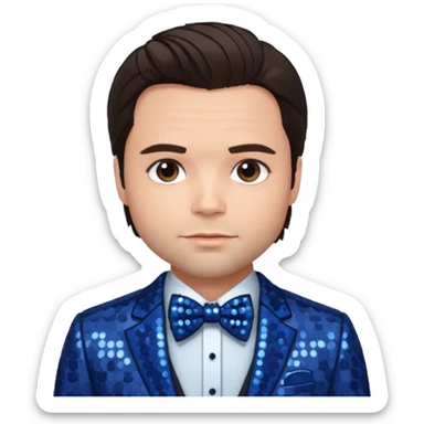 Sebastian Stan with dark brown hair, indigo sequin suit with bow tie sticker
