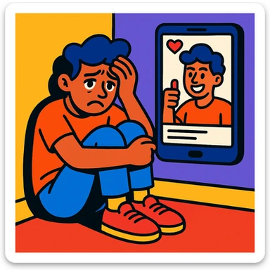 A modern person sitting alone in the corner of a room, looking distressed after seeing their real self in contrast to their idealized image posted on social media, vibrant cartoon style sticker