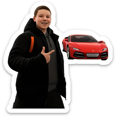 smiling boy beside a car sticker