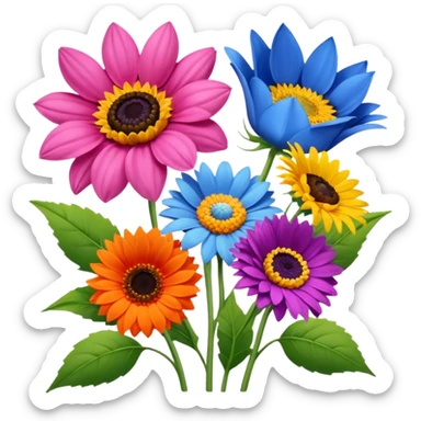 So, im back and i need these flowers into individuals emoji: Rose – pink
Sunflower – yellow
Lavender – purple
Tulip – red
Gerbera – orange
Forget-me-not – light blue
Chrysanthemum – green
Cornflower – dark blue sticker