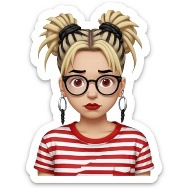 medium toned person with black and blonde dyed dreads styled in a high messy bun, wearing clear framed glasses, a red and white striped t-shirt, also having an eyebrow piercing on the right eyebrow, and a septum ring with a punk style sticker