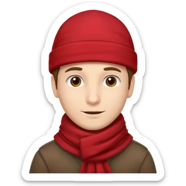 a man with red scarf, brown cap sticker