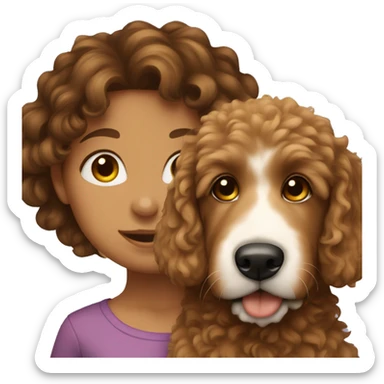 Girl with brown curly hair with a golden doodle dog sticker